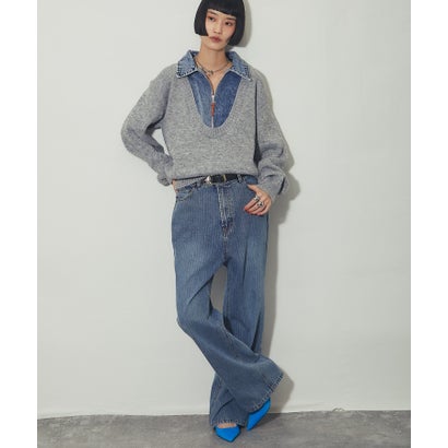 アナザーエス ANOTHER S デニムドッキングハーフジップ Vネックニットプルオーバー （ブラウン）｜詳細画像