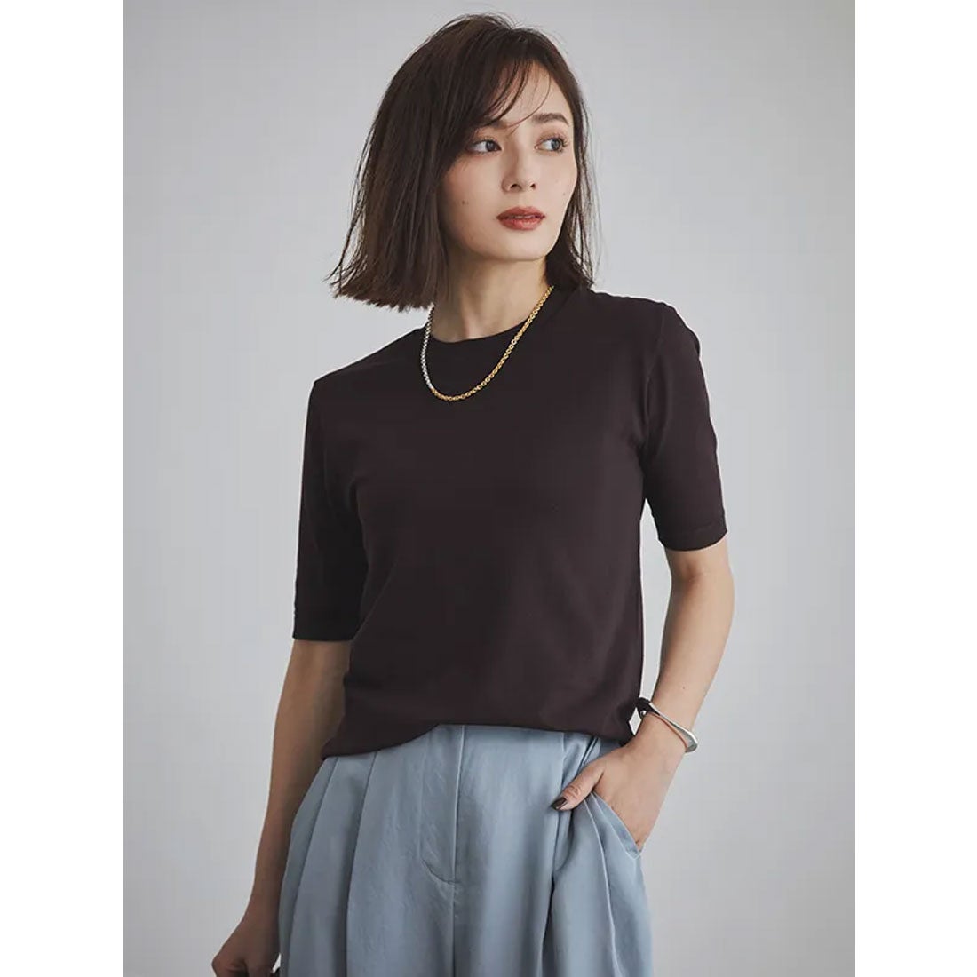 【試着のみ】anuans アニュアンス ハイゲージニットTEE ブラウン アニュアンス anuans ハイゲージニットTEE （BROWN） - ファッション