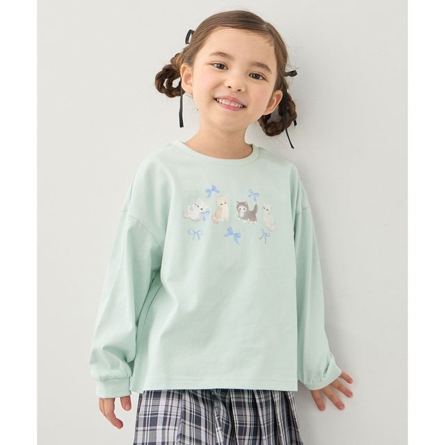 【綿100%】ネコアソート 長袖Tシャツ （ミント）