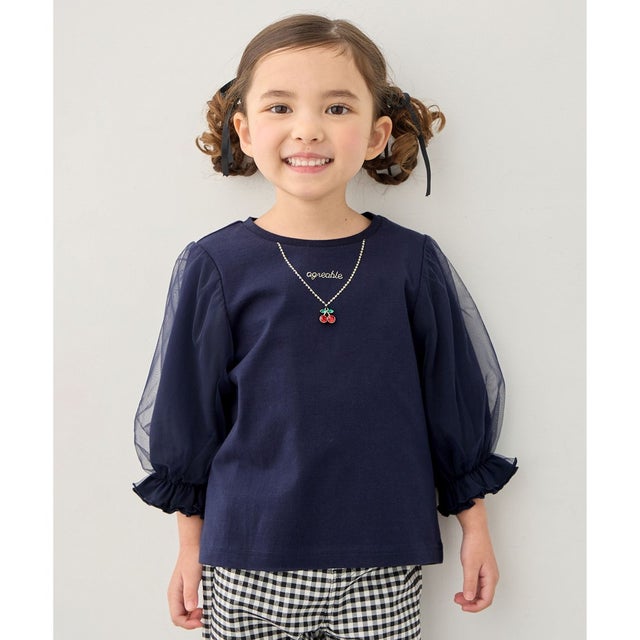 チュール袖 七分Tシャツ （ネイビー）
