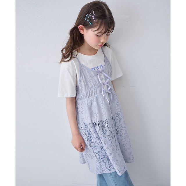 【2点セット】Tシャツ×レース キャミソールチュニック （ホワイト）