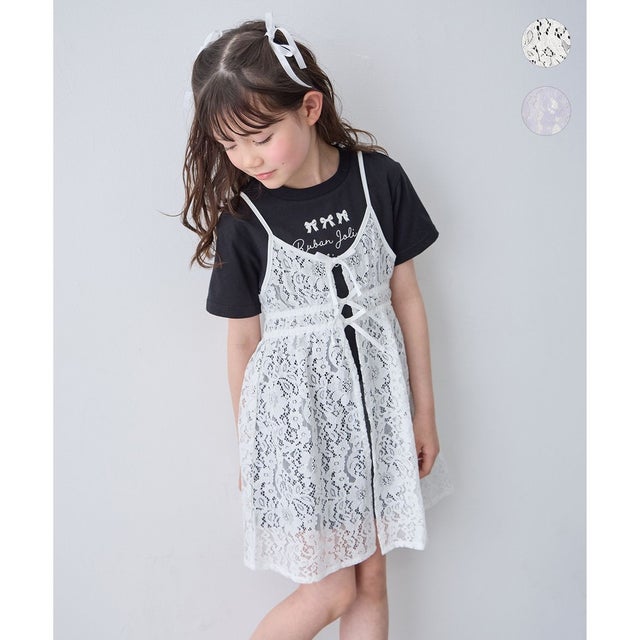 【2点セット】Tシャツ×レース キャミソールチュニック （ブラック）