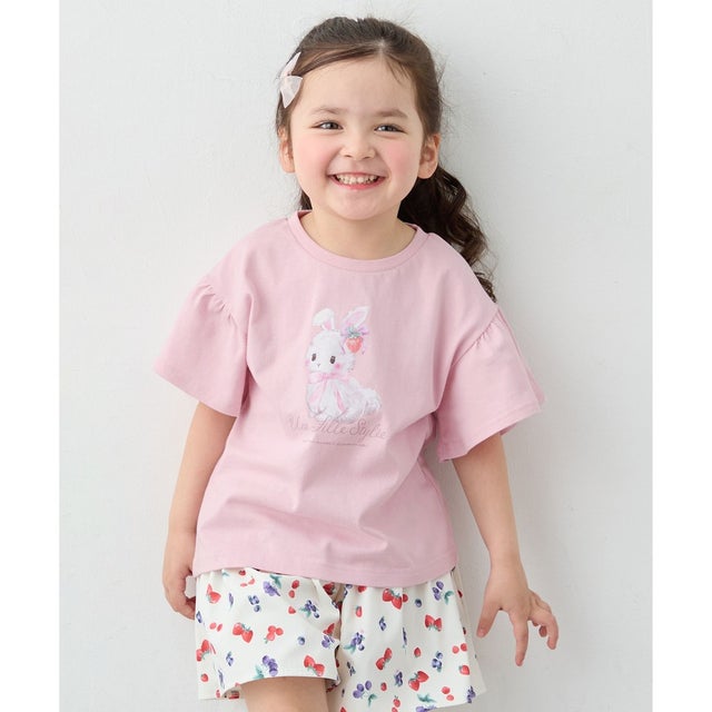 【綿100%】ドロップショルダー アニマルプリントTシャツ （ピンク×ウサギ）