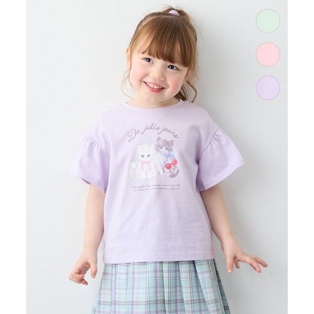 【綿100%】ドロップショルダー アニマルプリントTシャツ （ラベンダー×ネコ）