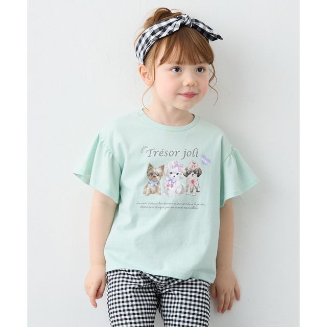 【綿100%】ドロップショルダー アニマルプリントTシャツ （ミント×イヌ）