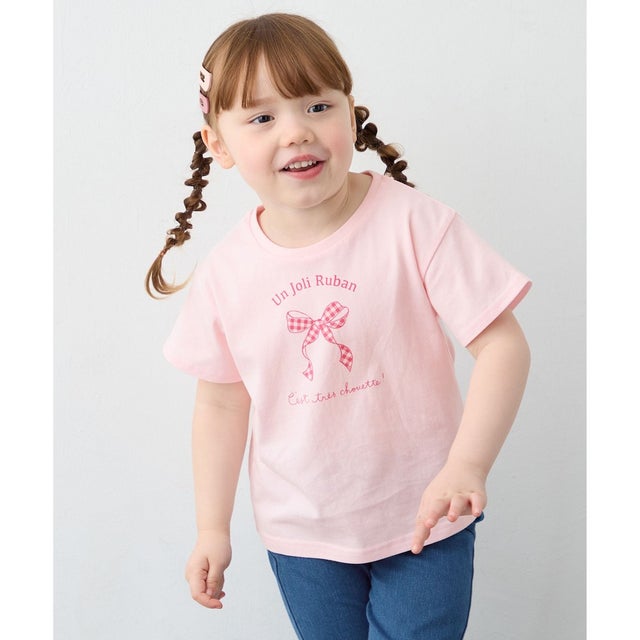 【一部店舗/WEB限定】【綿100%】プリント 半袖Tシャツ （ピンク×リボン）