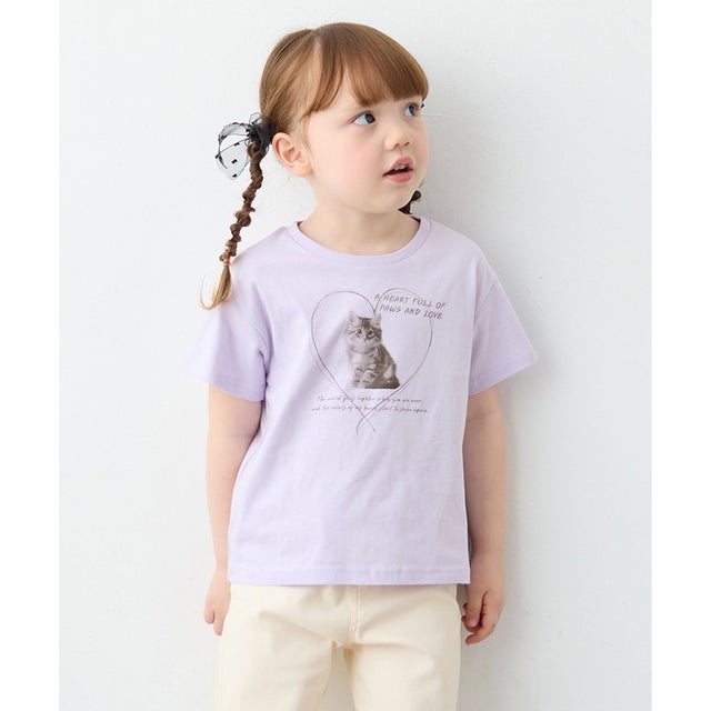【一部店舗/WEB限定】【綿100%】プリント 半袖Tシャツ （ラベンダー×ネコ）