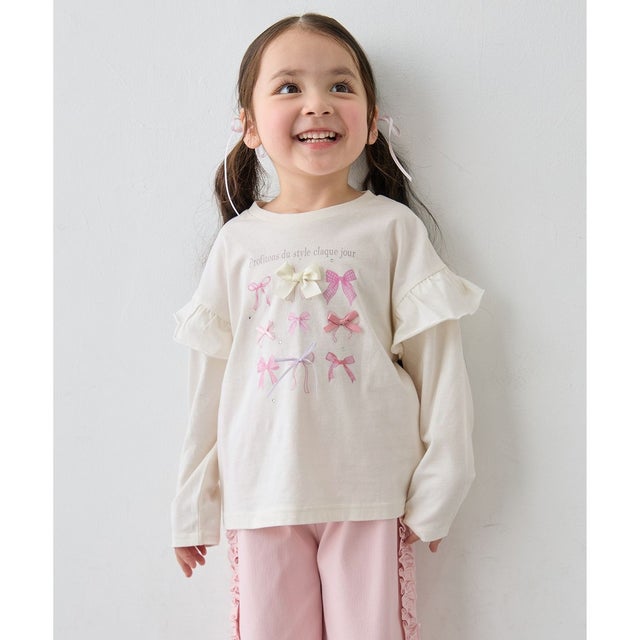 【綿100％】肩フリル ガーリープリント 長袖Tシャツ （オフホワイト（リボン））