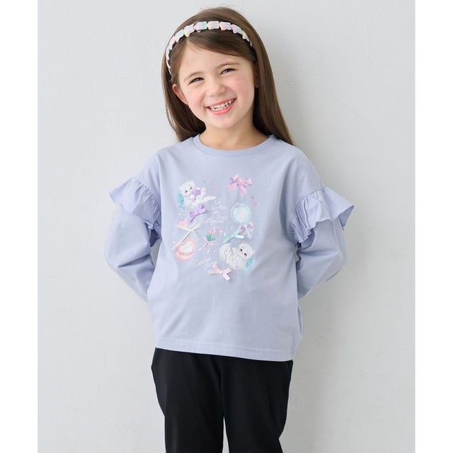 【綿100％】肩フリル ガーリープリント 長袖Tシャツ （サックスブルー（ネコ））