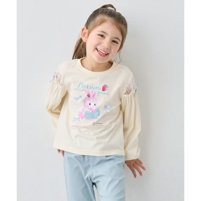 【綿100％】肩レース ときめきプリント 長袖Tシャツ （エクリュ（ウサギ））