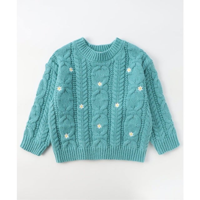 刺繍ケーブルニット （エメラルドグリーン）