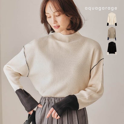 ボトルネック配色リブニットトップス  春 秋  冬 M レディース | | アクアガレージ aquagarage （エクリュ×ブラック）｜詳細画像
