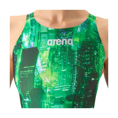 アリーナ arena スイミング アクアレーシング レーシングワンピーススパッツ オープンバック・ハーフレッグ レディース 競泳水着 水 （BKGR ブラック×グリーン）｜詳細画像