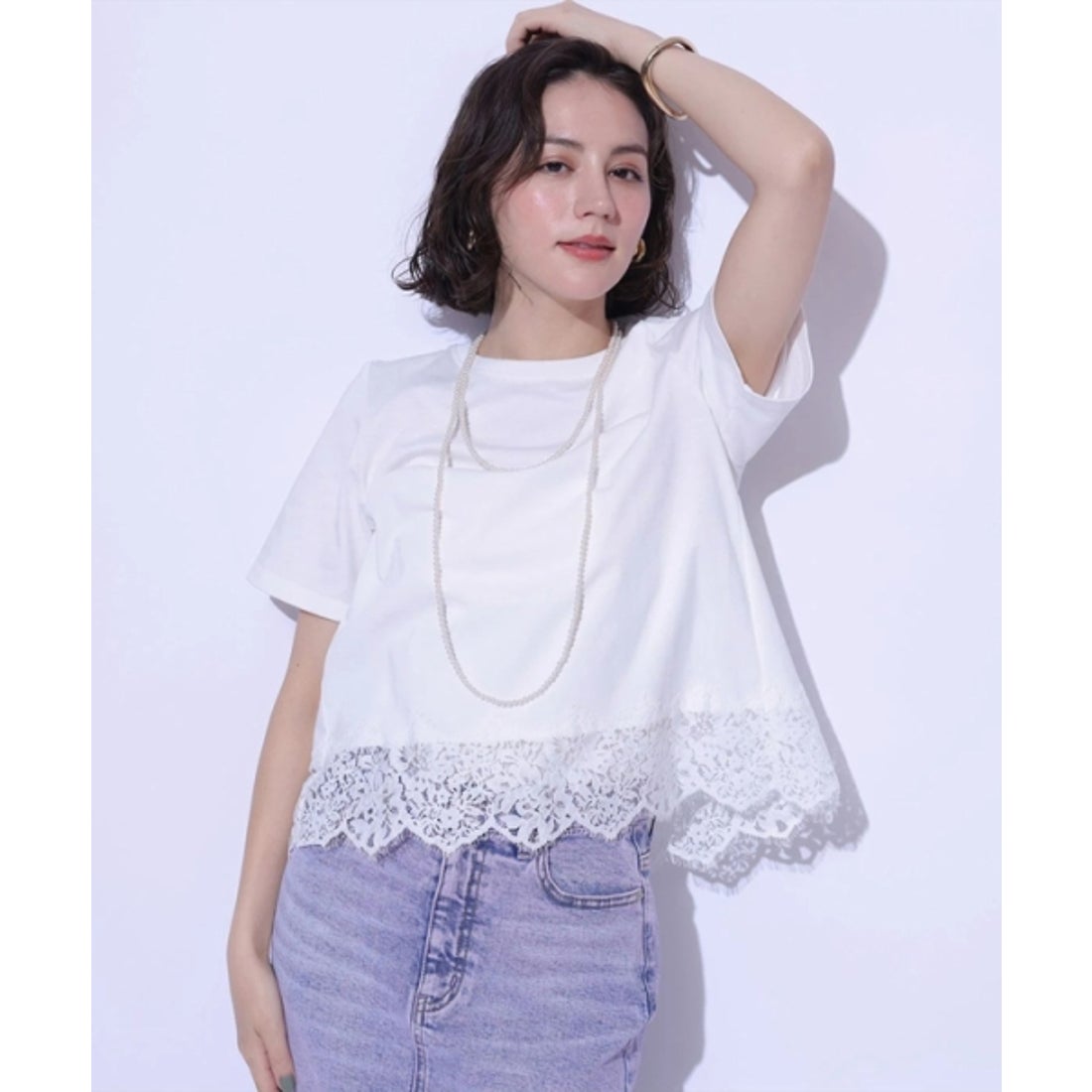 アルページュ ストーリー Arpege story 裾レース半袖Tシャツ （白