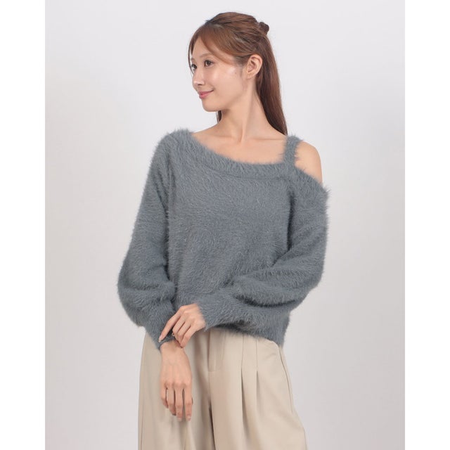 ラメフェザーワンショルニットプルオーバー （GRY）