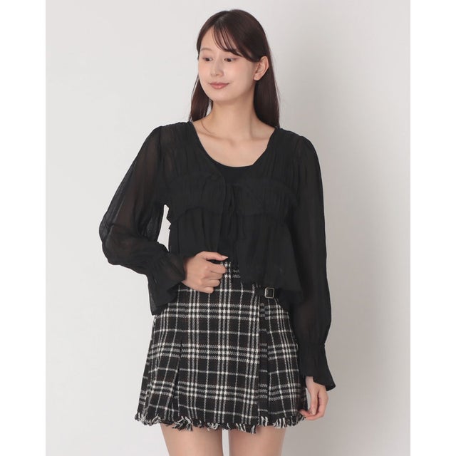 楊柳シャーリングショートブラウス （BLK）