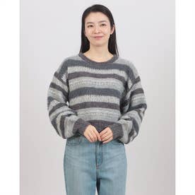 異素材ボーダーメッシュニットプルオーバー （GRY）