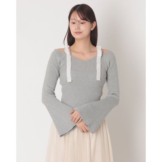 ベロア肩リボンオフショルニットプルオーバー （GRY）