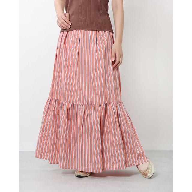 
         綿ストライプ裾ギャザースカート （ORN）