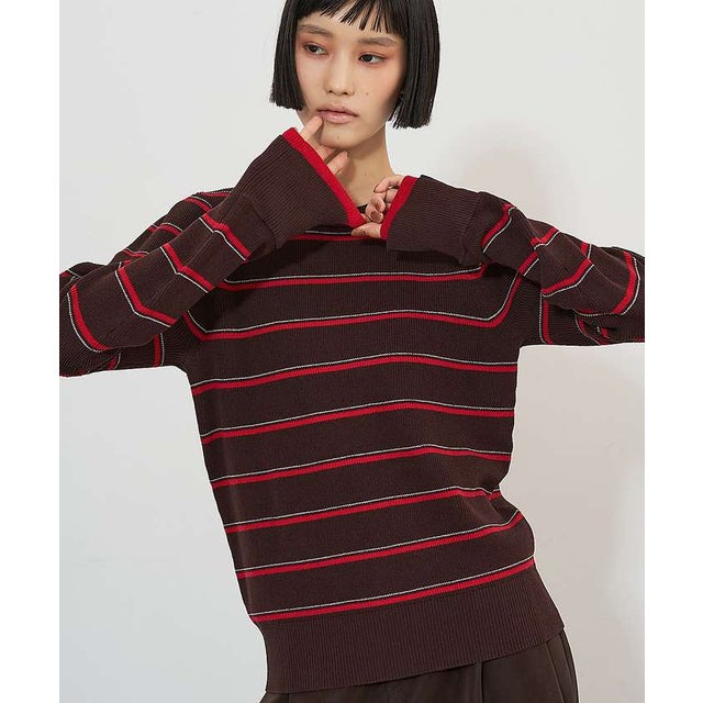 袖口スリット 配色ボーダー クルーネック ニットプルオーバー （ブラウン）