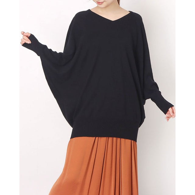 Vネックドルマン綿ニット （BLACK）
