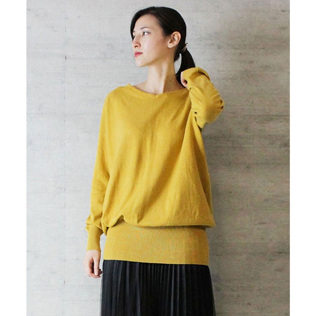 Vネックワイドリブ綿ニット （MUSTARD）