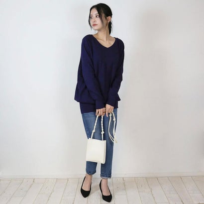 Vネックワイドリブ綿ニット （NAVY）｜詳細画像