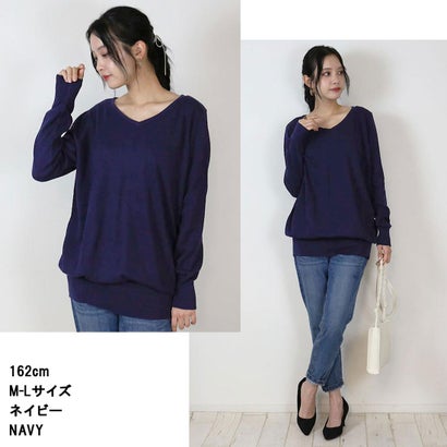 Vネックワイドリブ綿ニット （NAVY）｜詳細画像