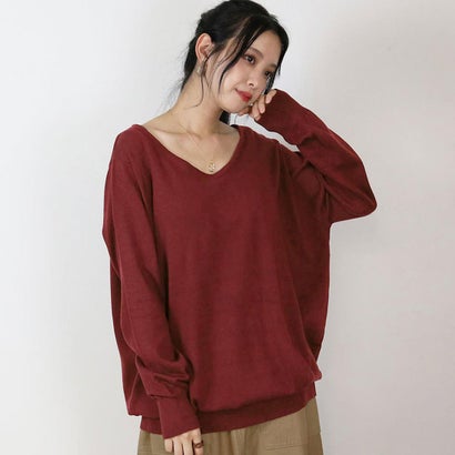 Vネックワイドリブ綿ニット （BURGUNDY）｜詳細画像