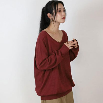 Vネックワイドリブ綿ニット （BURGUNDY）｜詳細画像