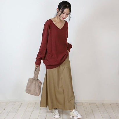 Vネックワイドリブ綿ニット （BURGUNDY）｜詳細画像