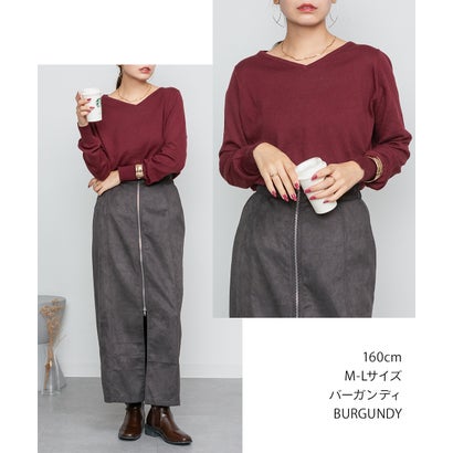 Vネックワイドリブ綿ニット （BURGUNDY）｜詳細画像