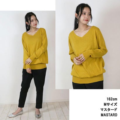 Vネックワイドリブ綿ニット （MUSTARD）｜詳細画像