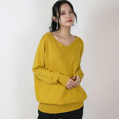Vネックワイドリブ綿ニット （MUSTARD）｜詳細画像