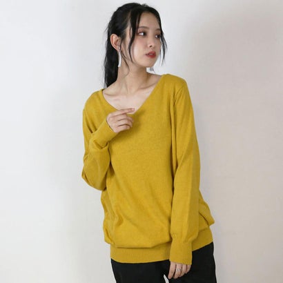 Vネックワイドリブ綿ニット （MUSTARD）｜詳細画像
