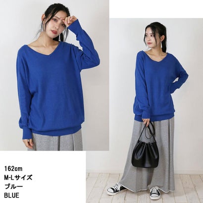 Vネックワイドリブ綿ニット （BLUE）｜詳細画像
