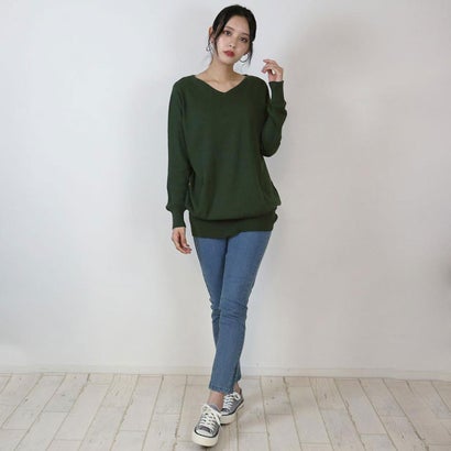 Vネックワイドリブ綿ニット （DARK-GREEN）｜詳細画像