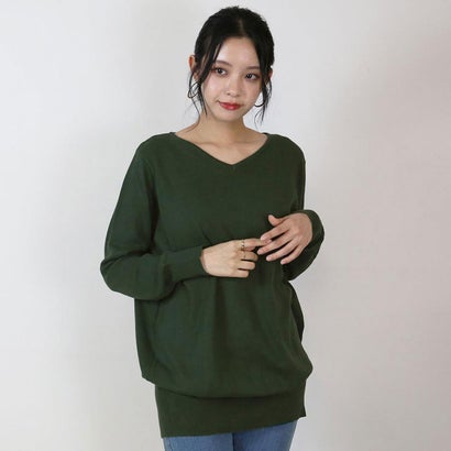 Vネックワイドリブ綿ニット （DARK-GREEN）｜詳細画像