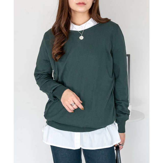 Vネックワイドリブ綿ニット （DARK-GREEN）