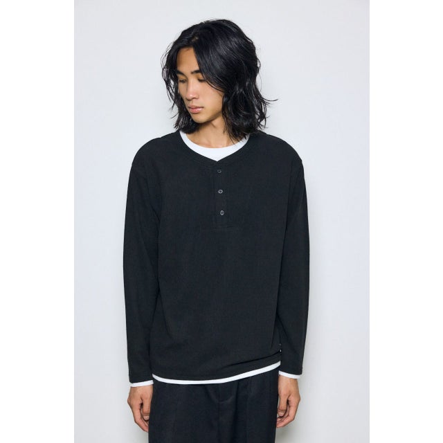 フェイクレイヤードヘンリーネックトップス BLK