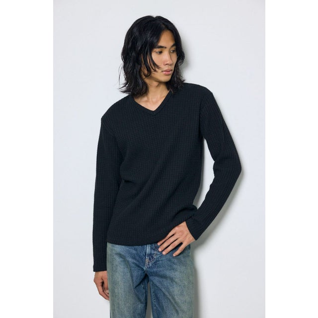 ヘビーワッフルVネックトップス BLK