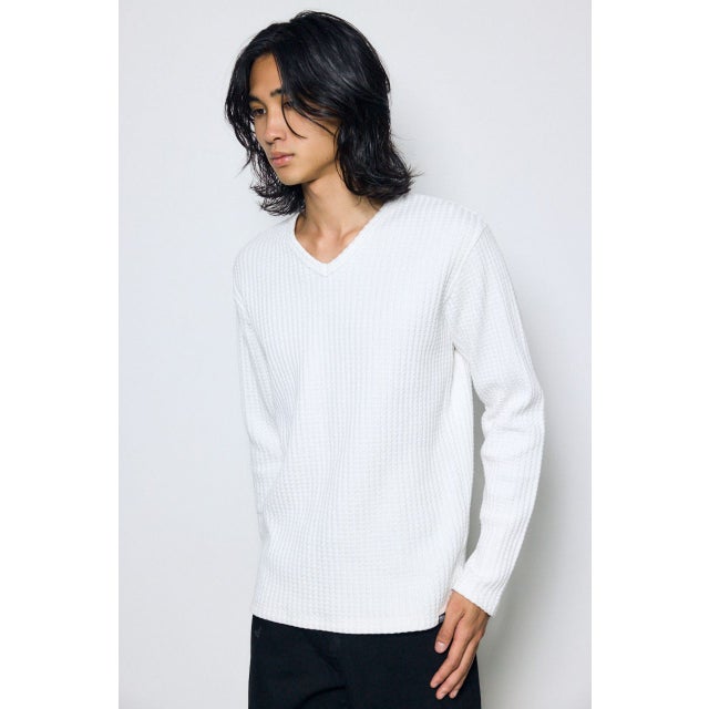 ヘビーワッフルVネックトップス WHT