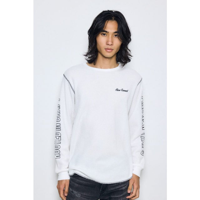 ワッフル長袖グラフィックトップス WHT