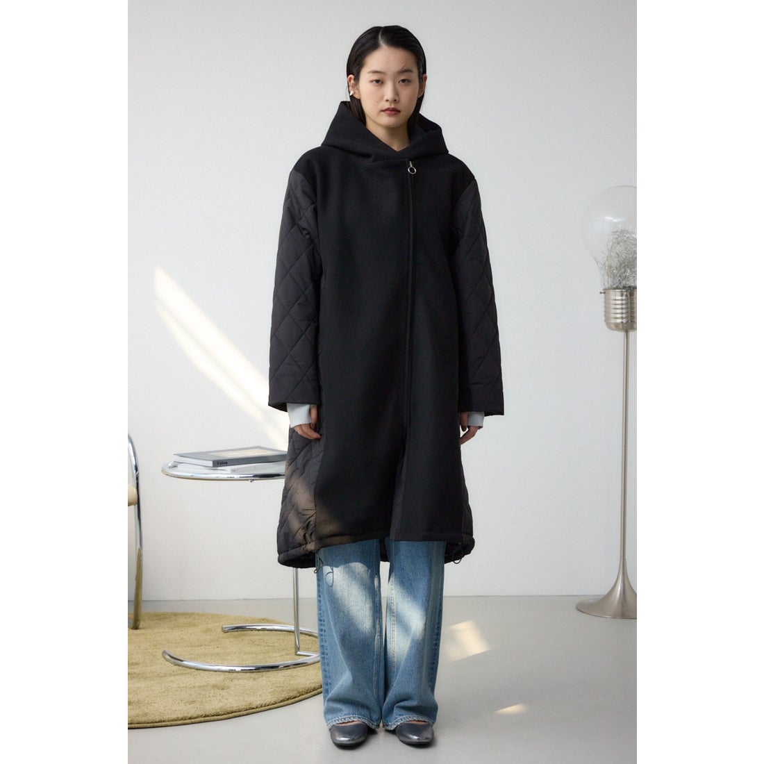 AZUL BY MOUSSY 異素材切替キルティングロングコート BLK 