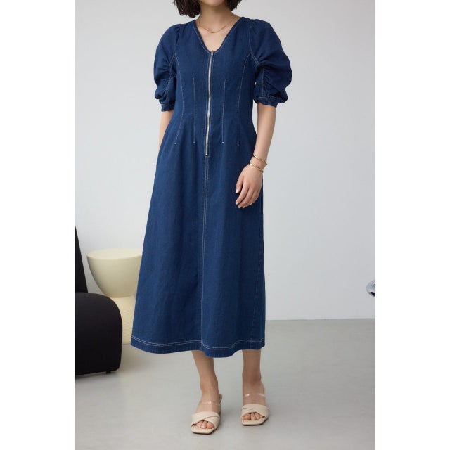 フロントジップ半袖デニムワンピース BLU