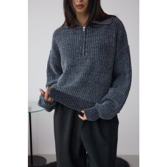 ラメベロアハーフZIPニットトップス C.GRY
