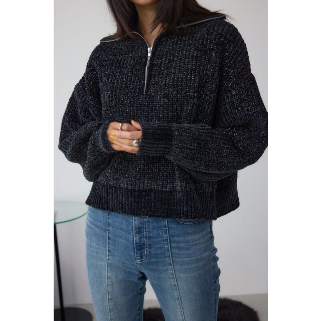 ラメベロアハーフZIPニットトップス BLK
