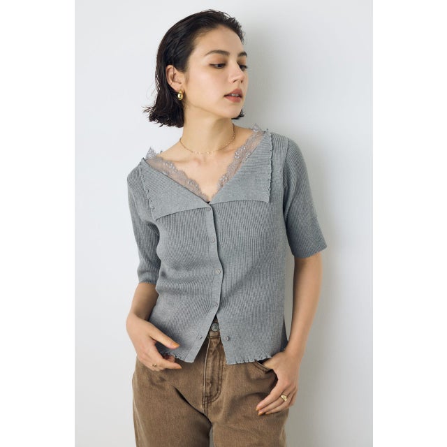 ネックレース5分袖ニットトップス T.GRY