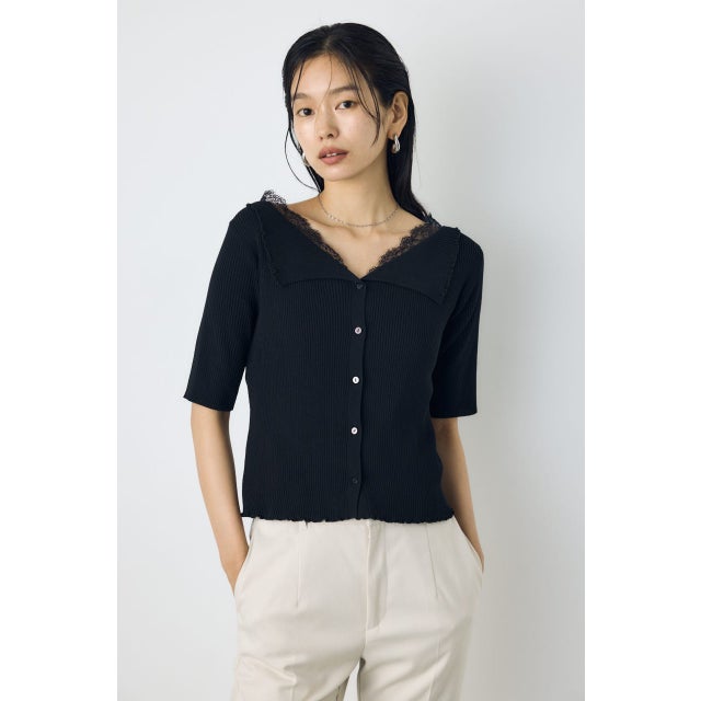 ネックレース5分袖ニットトップス BLK