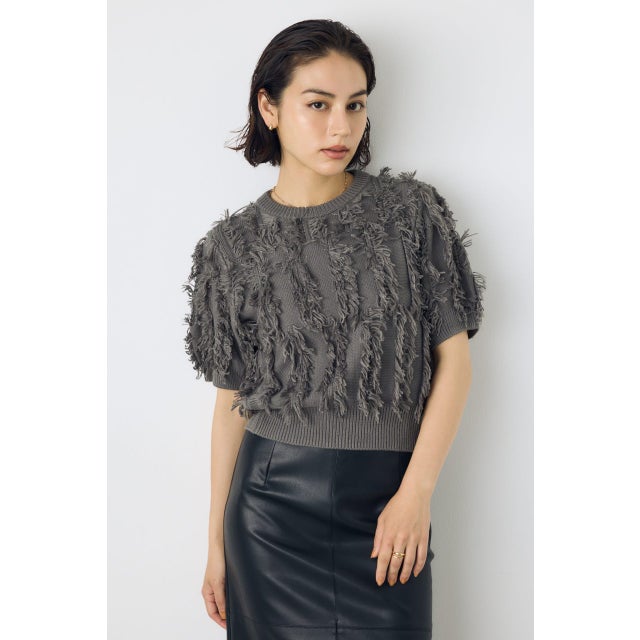 フリンジデザイン5分袖ニットトップス L/GRY1